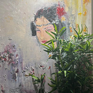 An artwork featuring a woman with a floral headpiece, partially obscured by a potted plant, set against a wall with peeling paint.