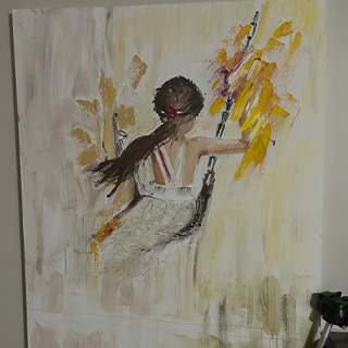 The image shows a painting of a woman with flowing hair, wearing a dress, holding a torch, standing against a textured background.