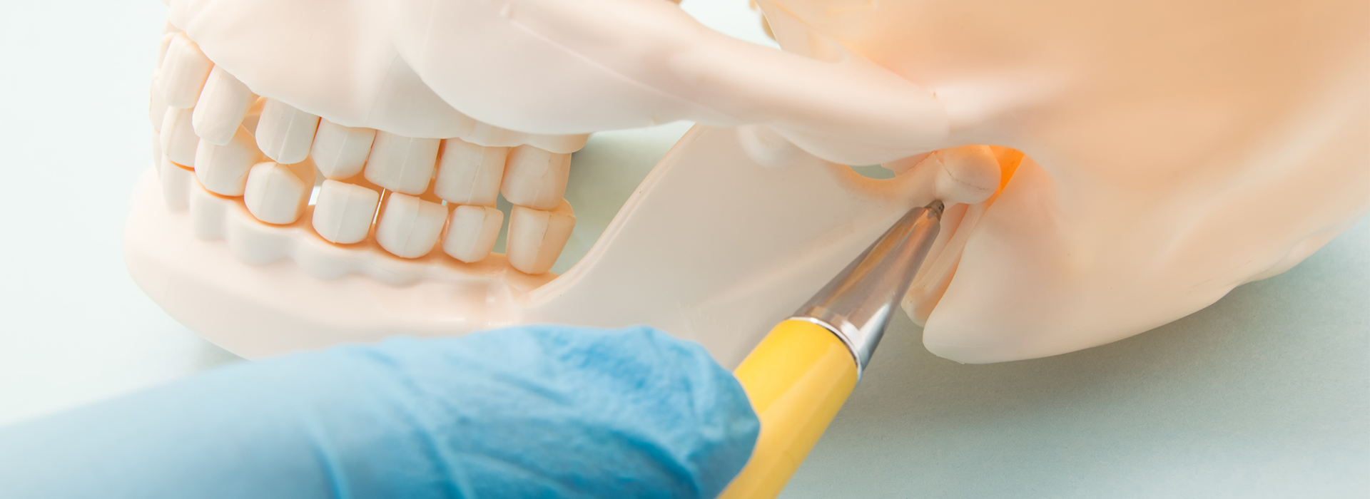 A close-up photograph of a dentist s hand holding dental instruments near an open mouth model with teeth.